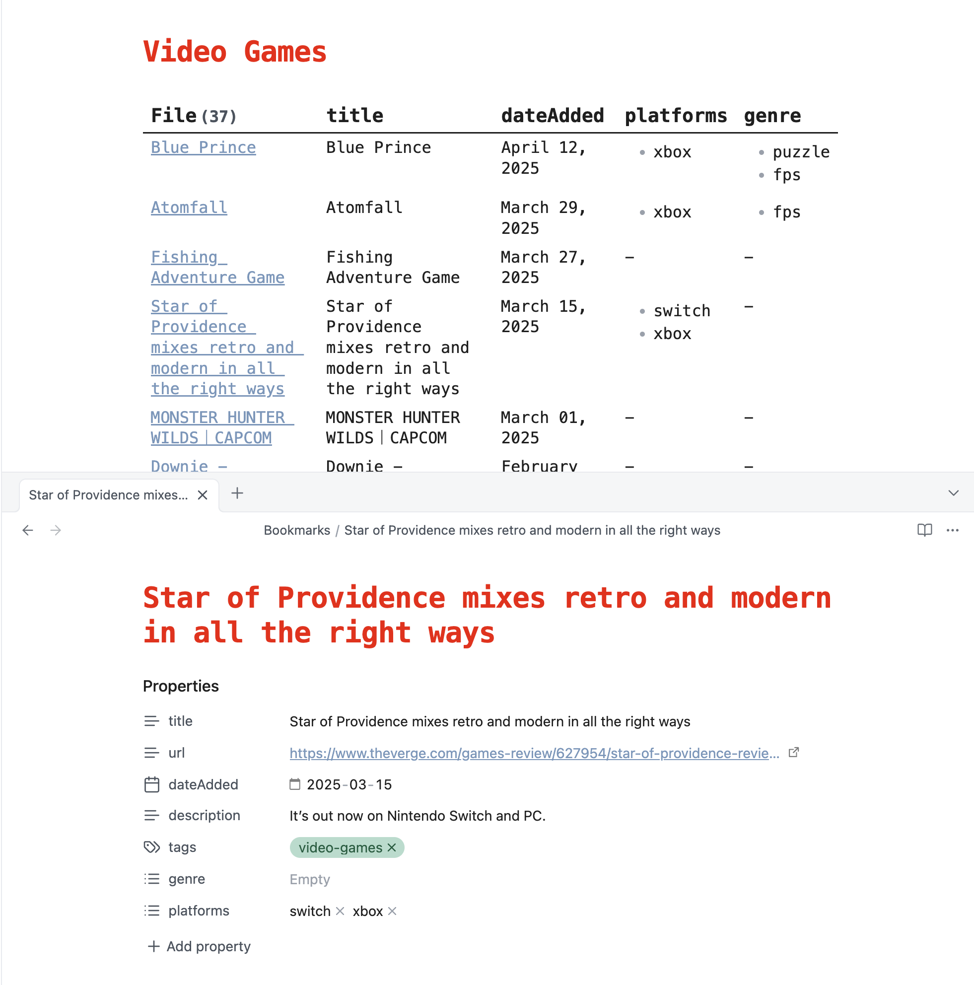 My Video Games Bookmarks in Dataview