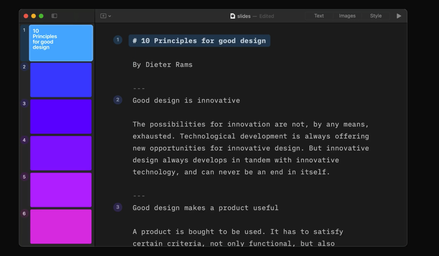 iA Presenter, a Markdown presentation editor.